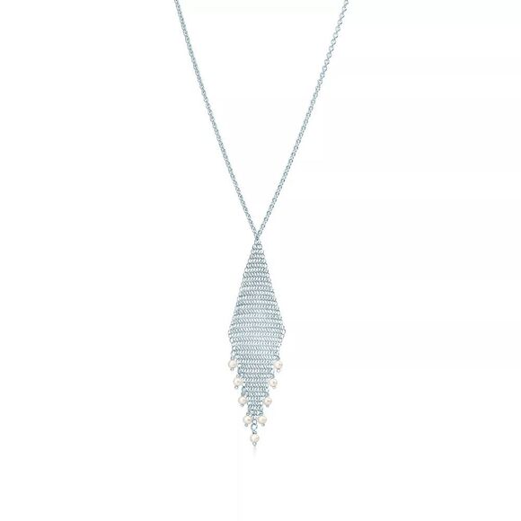 Tiffany Elsa Peretti Mesh Fringe Pendant necklace sterling with small pearls - Picture 3 of 11